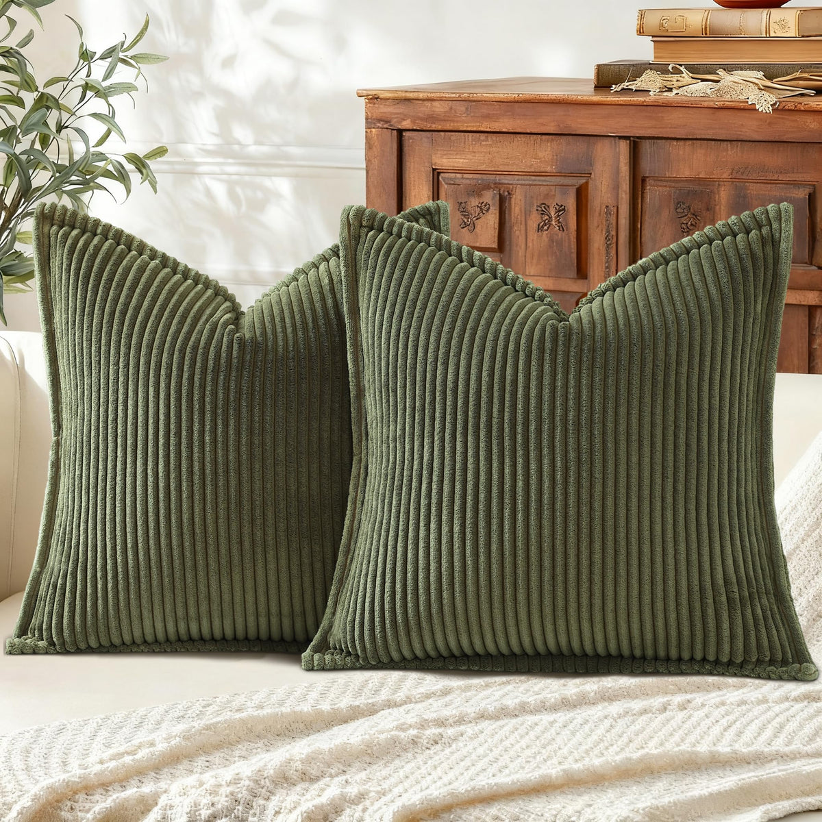 Mecatny Corduroy Fall Throw Pillow Covers 18x18 Set of 2 Cream White