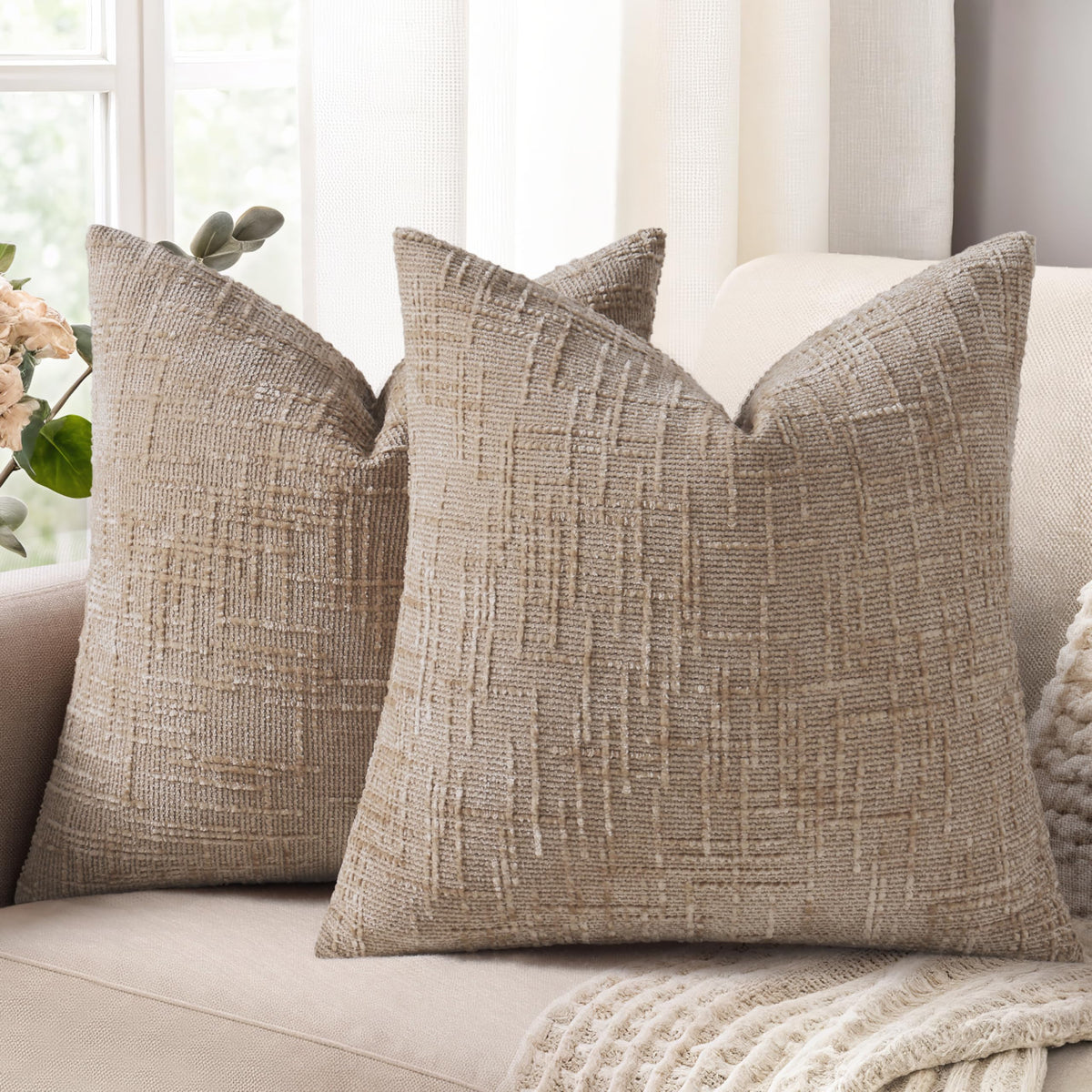 decorUhome Textured Chenille Throw Pillow Covers 18x18 Set of 2 Ivory