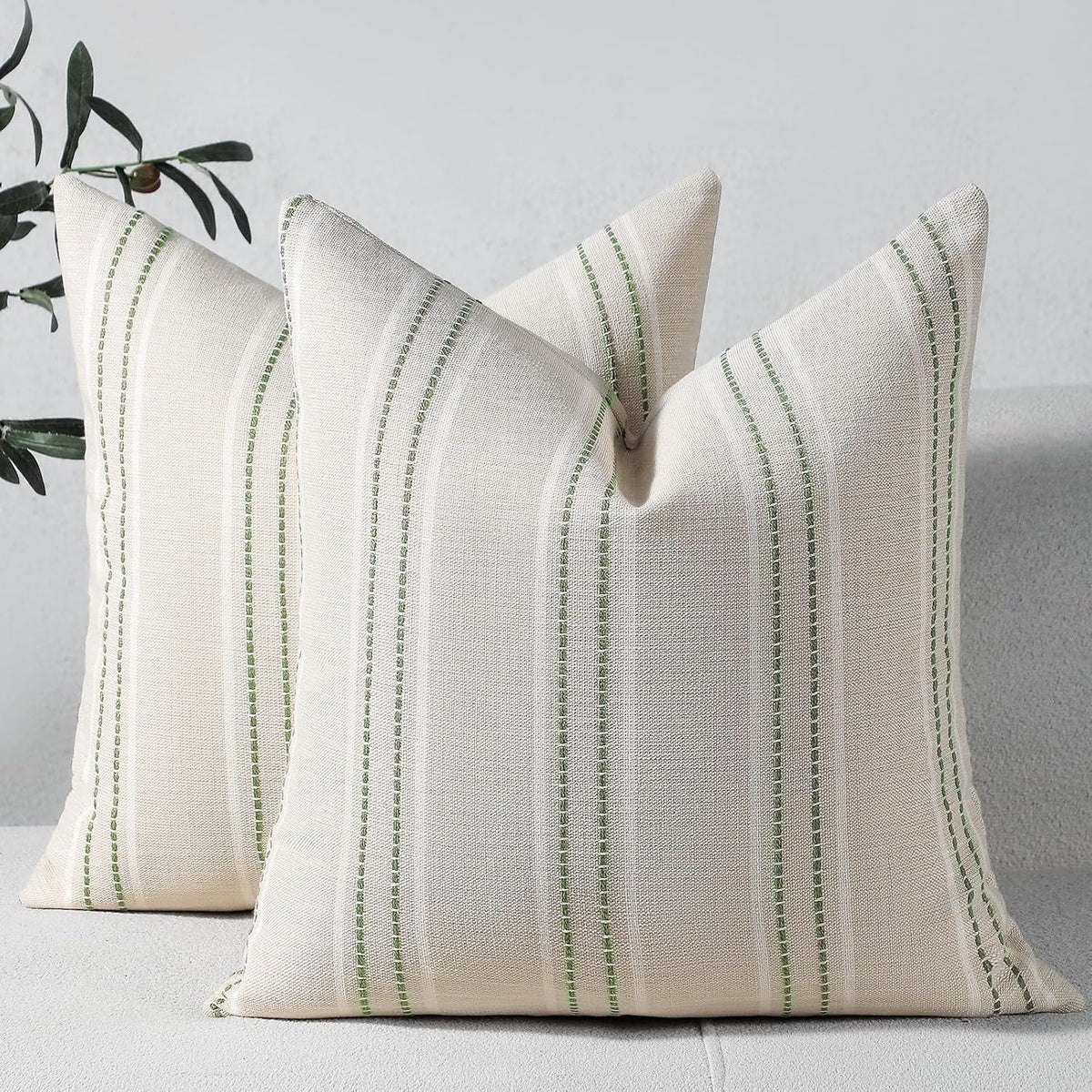 Hckot Sage Green Throw Pillow Covers 20x20 Set of 2 Striped Pillow Covers
