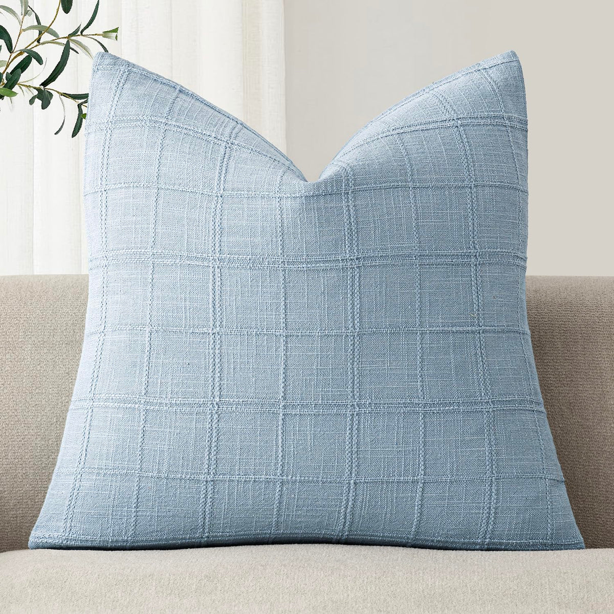 Foindtower Set of 1 Decorative Linen Check Throw Pillow Cover Neutral Farmhouse Lumbar Cushion Cover Modern Boho Home Decor for Sofa Chair Couch Bedroom Living Room,12×20 Inch,Olive Green