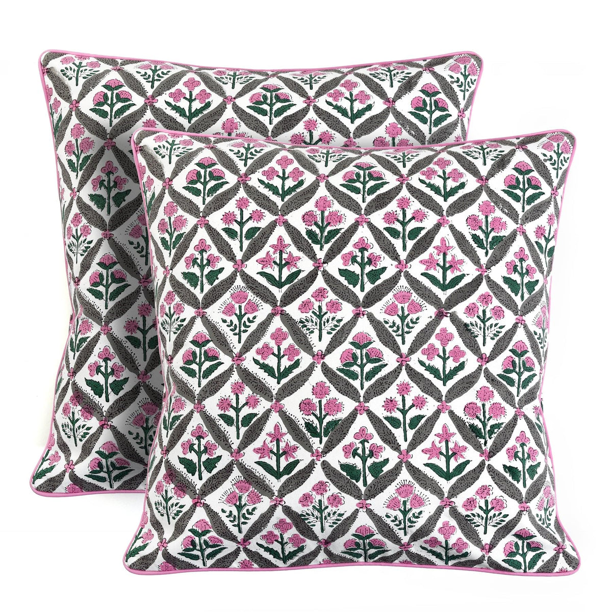 Ridhi Asparagus Green Block Print Cotton Pillow Cover 16x16 Inch Set of 2