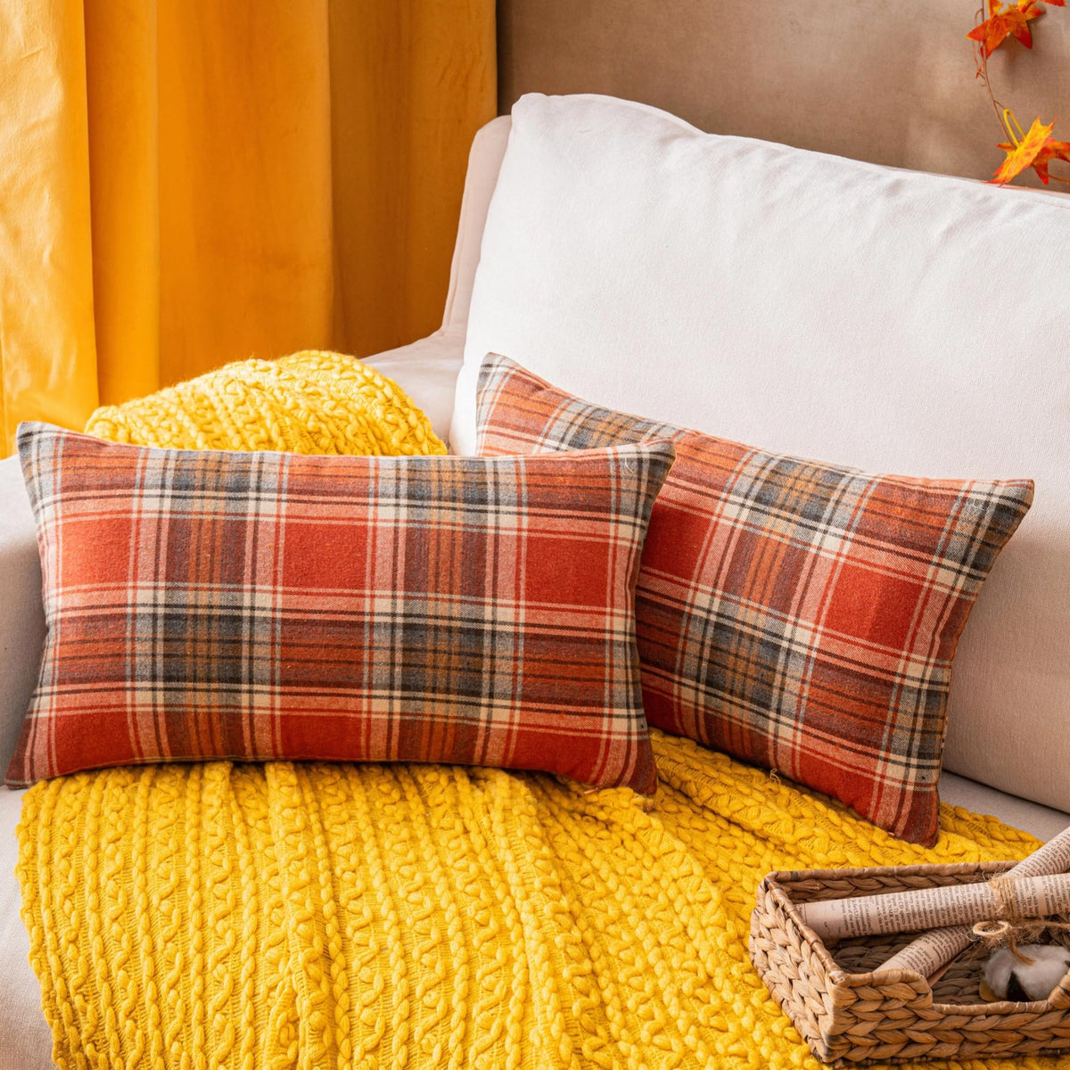 AQOTHES Fall Plaid Orange Throw Pillow Covers 18x18 Inch Set of 2