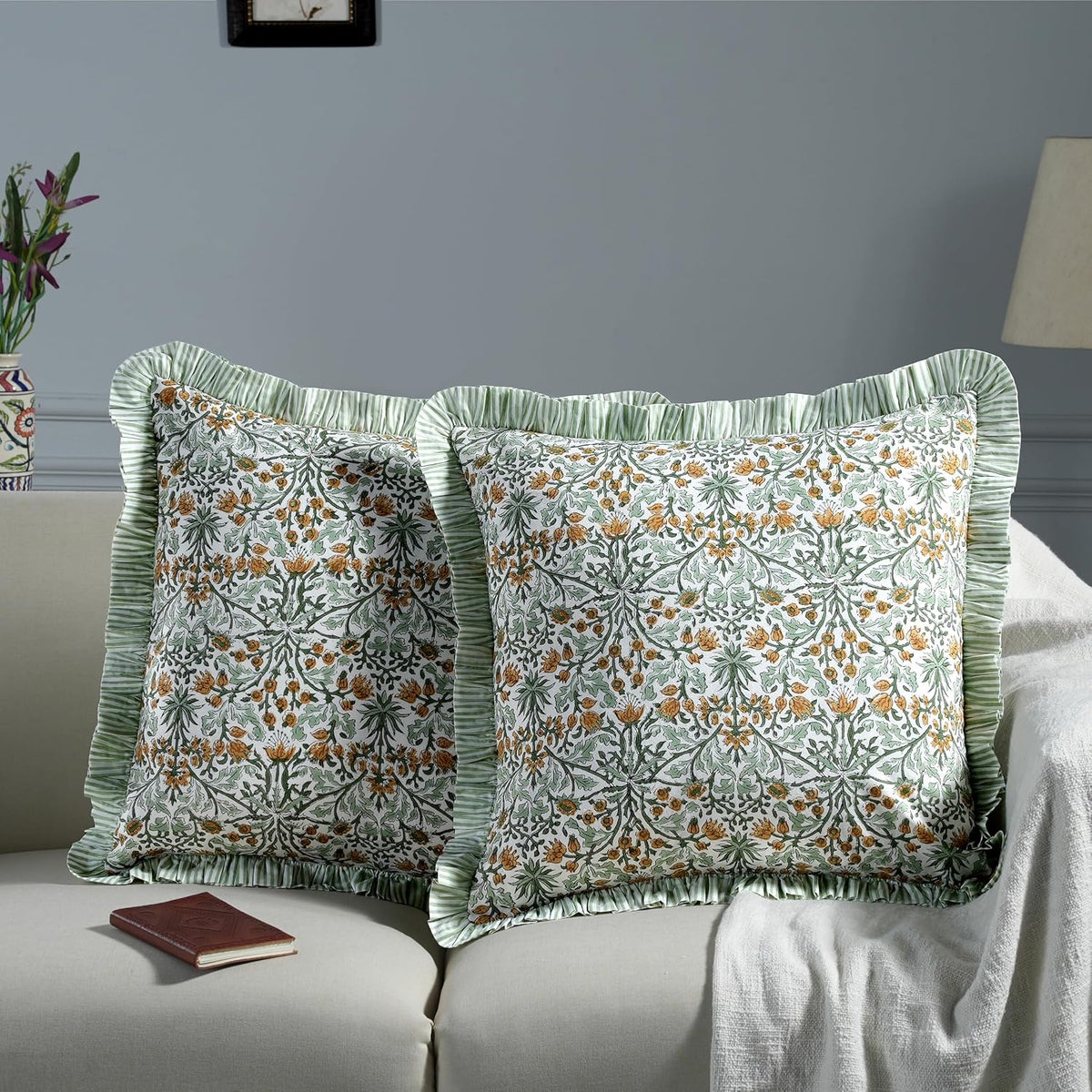 Ridhi Goldenrod Yellow Block Print Ruffle Pillow Covers 18x18 Inch Set of 2