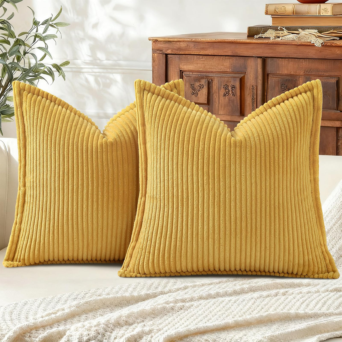 Mecatny Corduroy Fall Throw Pillow Covers 18x18 Set of 2 Cream White