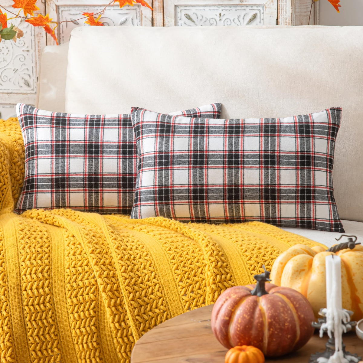 AQOTHES Fall Plaid Orange Throw Pillow Covers 18x18 Inch Set of 2