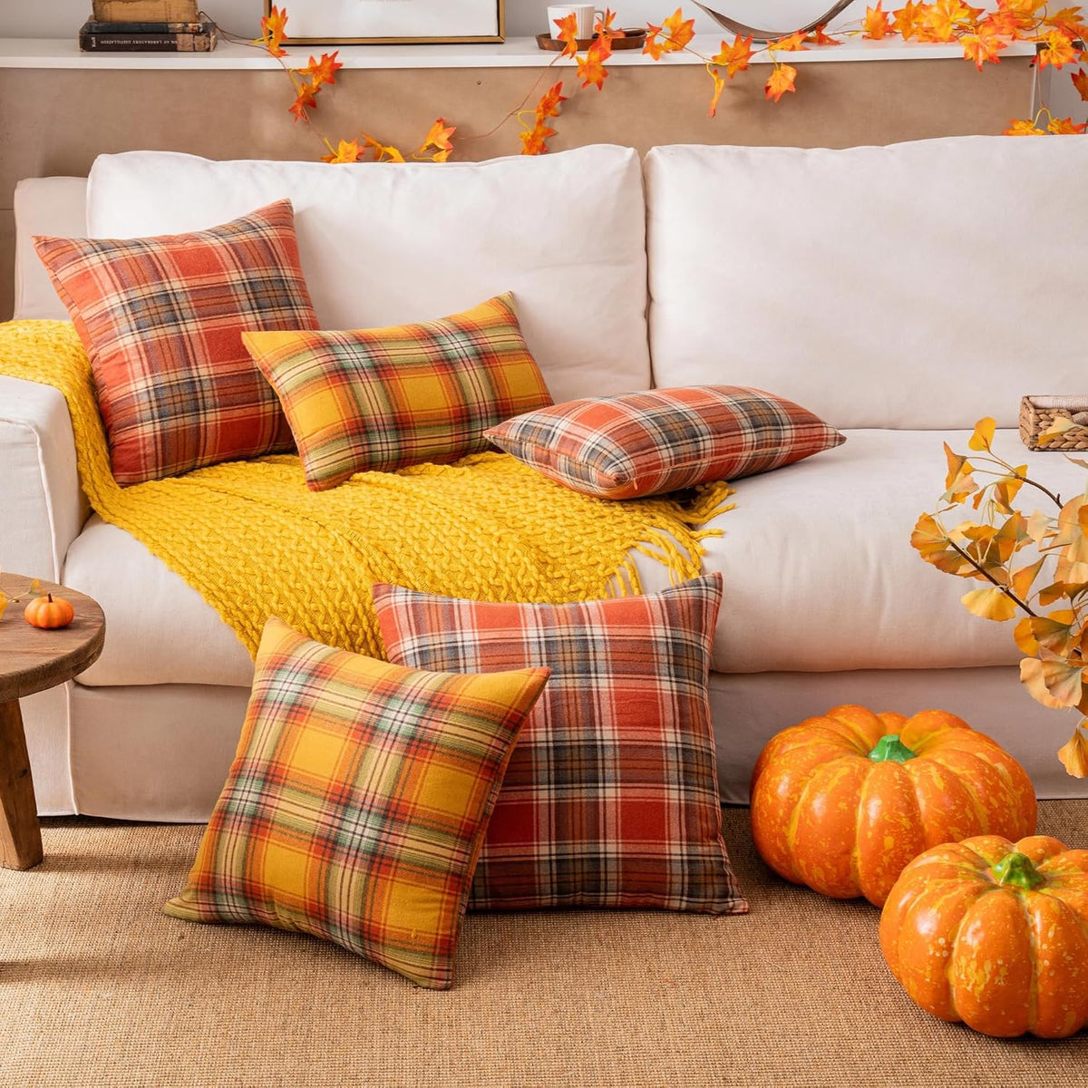 AQOTHES Fall Plaid Orange Throw Pillow Covers 18x18 Inch Set of 2