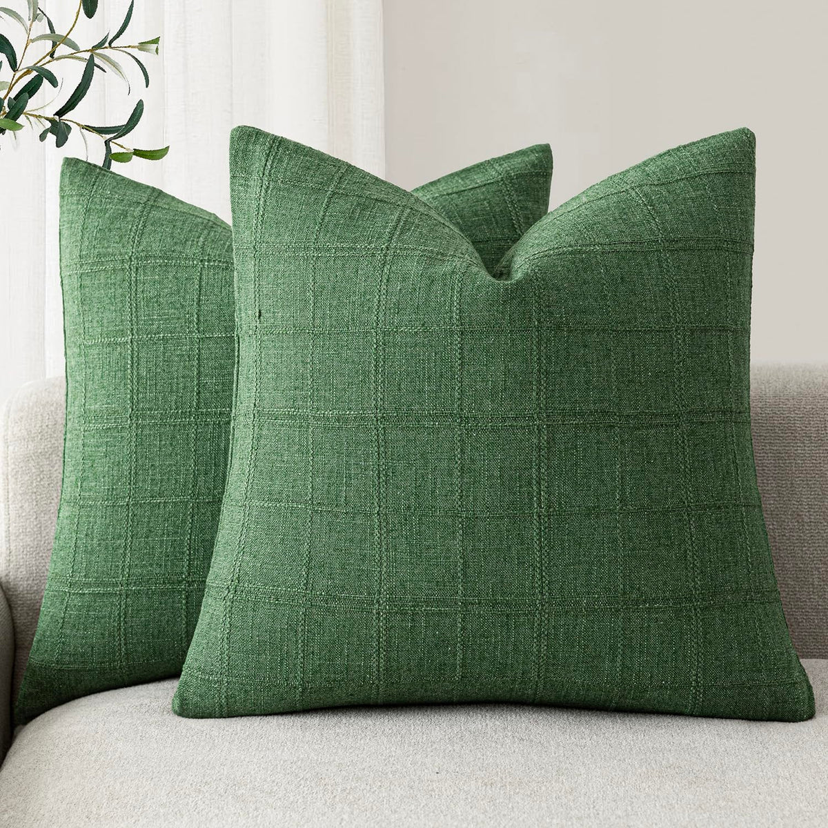 Foindtower Linen Check Decorative Throw Pillow Covers 18×18 Natural Beige