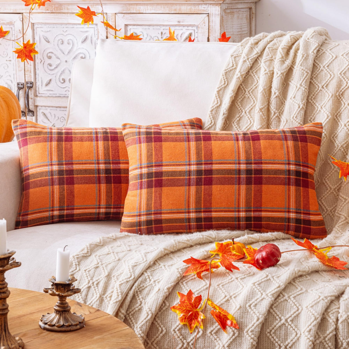AQOTHES Fall Plaid Orange Throw Pillow Covers 18x18 Inch Set of 2