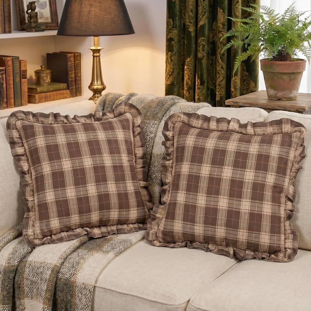 Chocolate Dark Brown Tartan Plaid Fall Cute Throw Pillow Covers 18x18