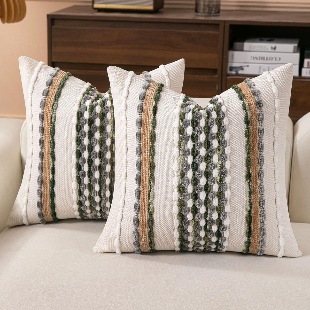 Boho Striped Throw Pillow Covers 18x18 Inch Set of 2 Farmhouse Square Decorative Pillow Covers Chenille Tufted Accent Neutral Pillowcase Grey Blue Cushion Cover for Living Room Couch Sofa Bed