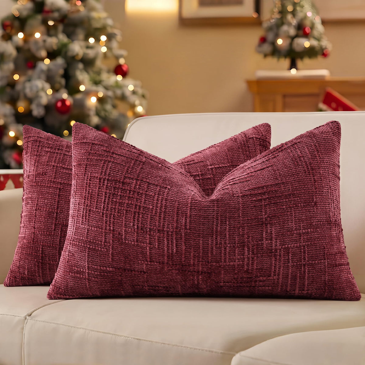 decorUhome Textured Chenille Throw Pillow Covers 18x18 Set of 2 Ivory