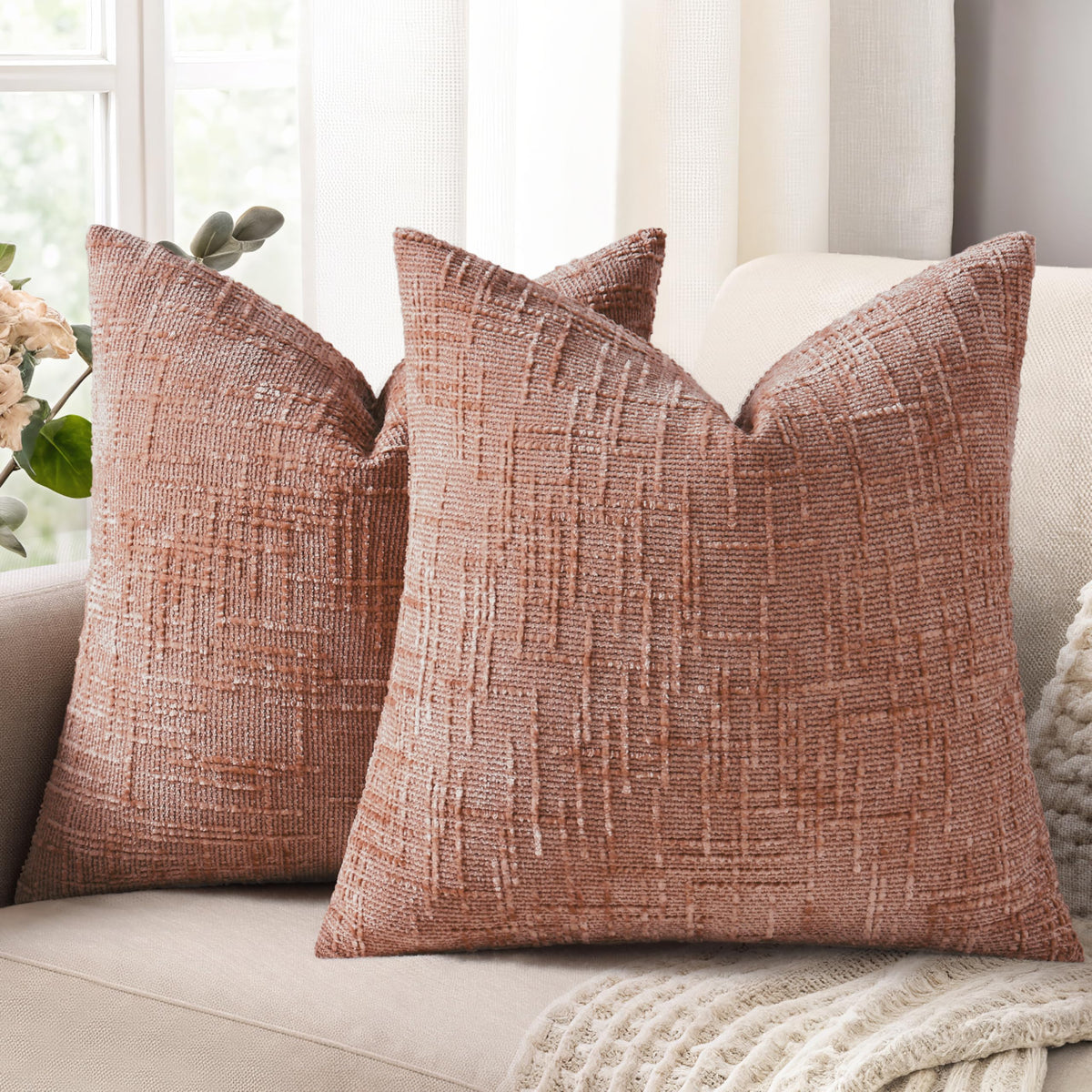 decorUhome Textured Chenille Throw Pillow Covers 18x18 Set of 2 Ivory