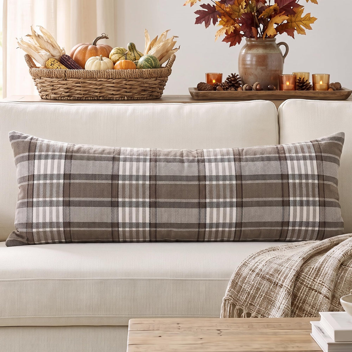 Brown Plaid Farmhouse Checkered Throw Pillow Cover 20x20 for Bed Couch Sofa