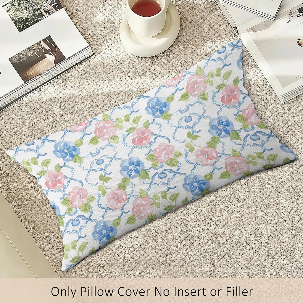 Preppy Blue and Pink Green Floral Throw Pillow Covers Set of 2