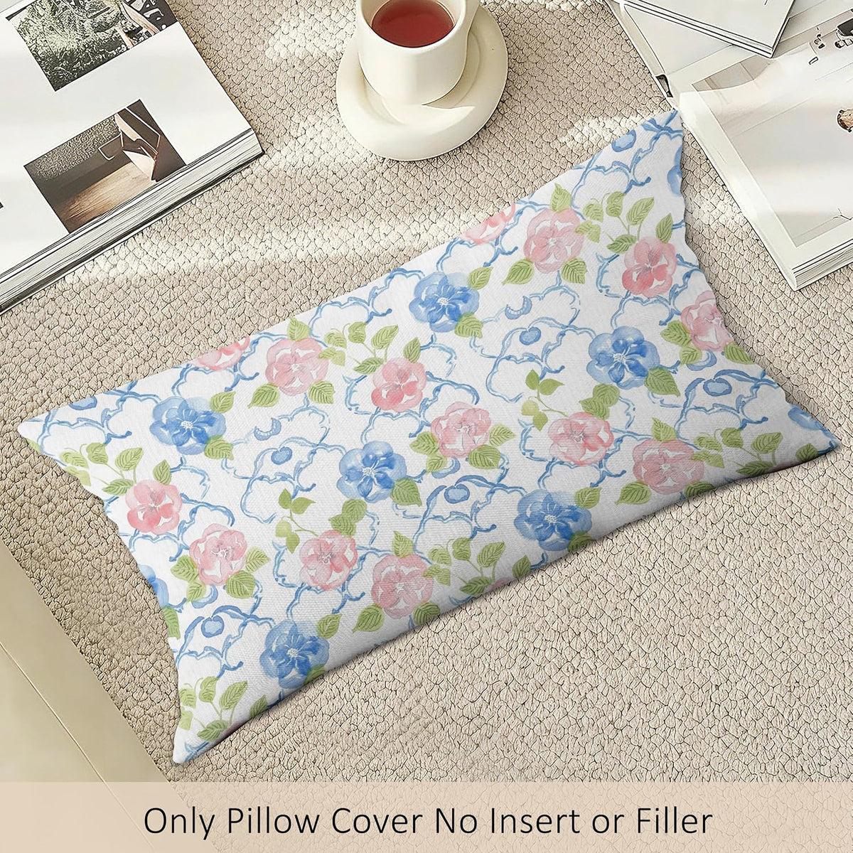 Preppy Blue and Pink Green Floral Throw Pillow Covers Set of 2