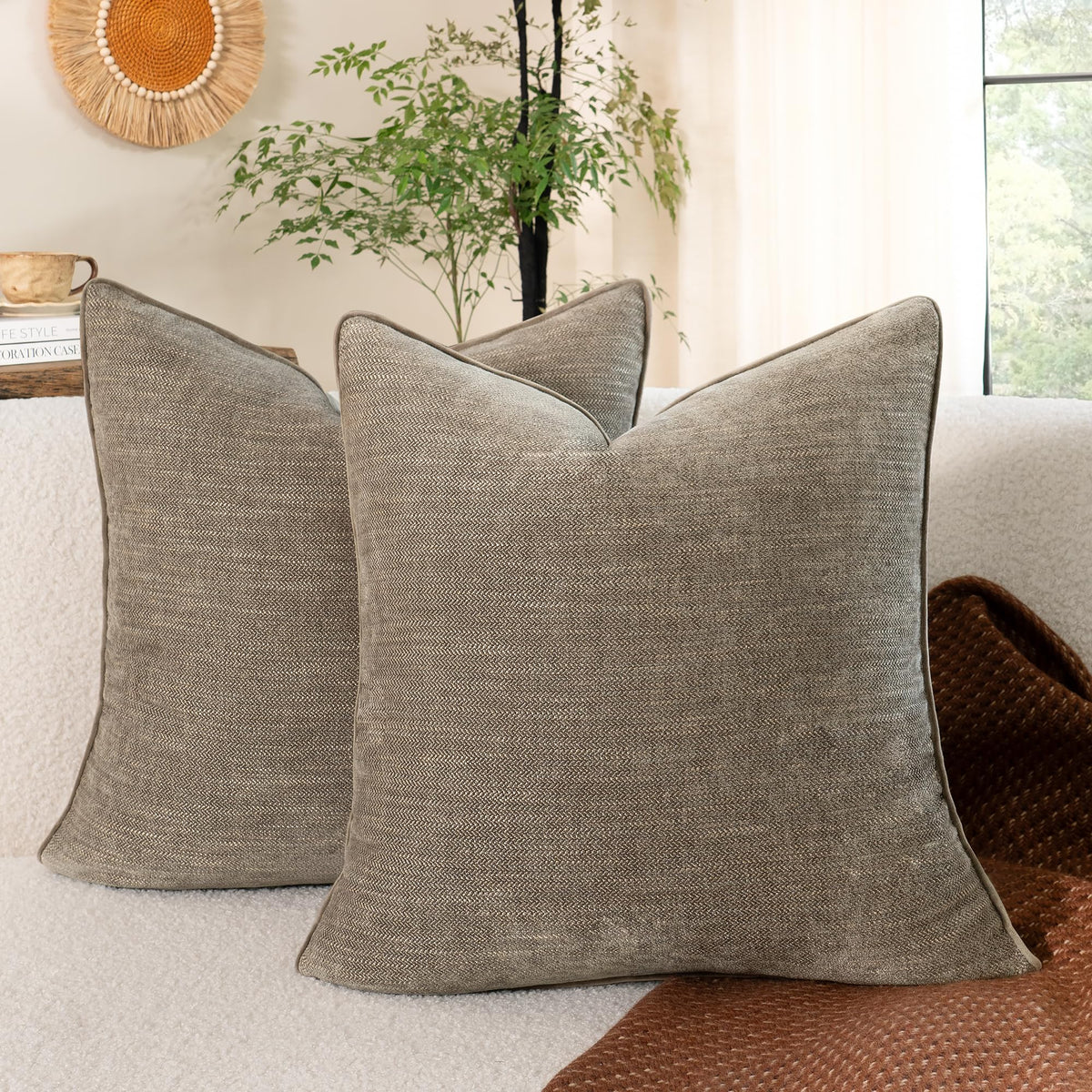 MATTINS Dusty Blue Cotton Throw Pillow Covers 22x22 Set of 2, Solid Decorative Pillow Covers with Chenille Texture and Velvet Back, Neutral Farmhouse Cushion Covers for Sofa Couch Bedroom
