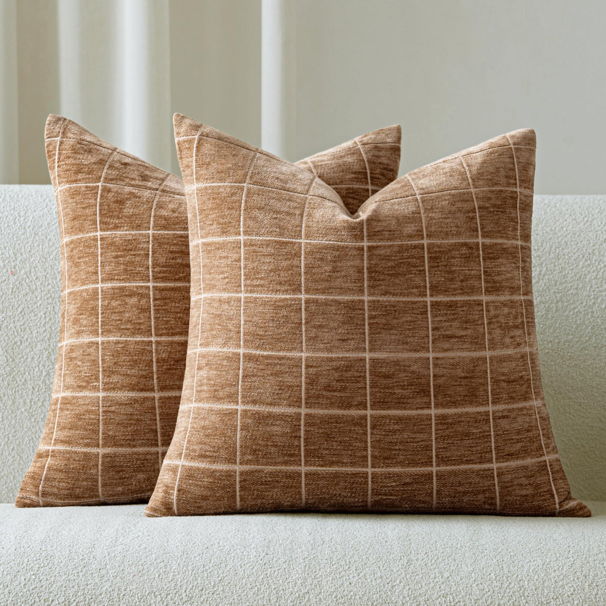 Decorative Chenille Plaid Fall Throw Pillow Covers Camel 18x18 Set of 2