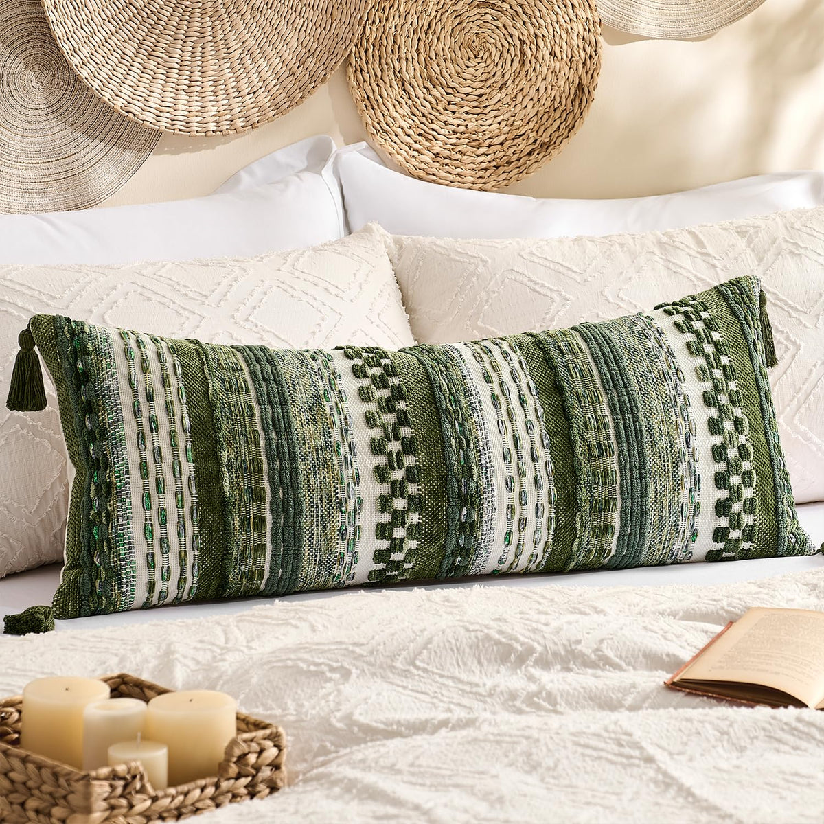 Kevin Textile Boho Tassel 12x20 Inch Lumbar Pillow Cover 1 Pack, Green