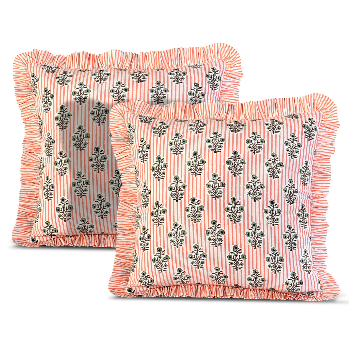 Ridhi Goldenrod Yellow Block Print Ruffle Pillow Covers 18x18 Inch Set of 2
