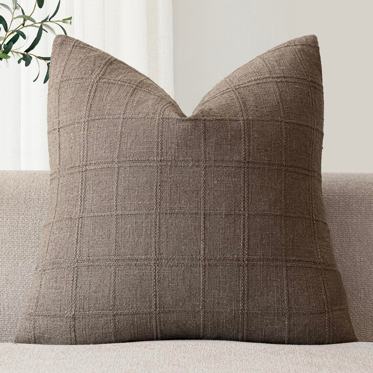 Foindtower Set of 1 Decorative Linen Check Throw Pillow Cover Neutral Farmhouse Lumbar Cushion Cover Modern Boho Home Decor for Sofa Chair Couch Bedroom Living Room,12×20 Inch,Olive Green