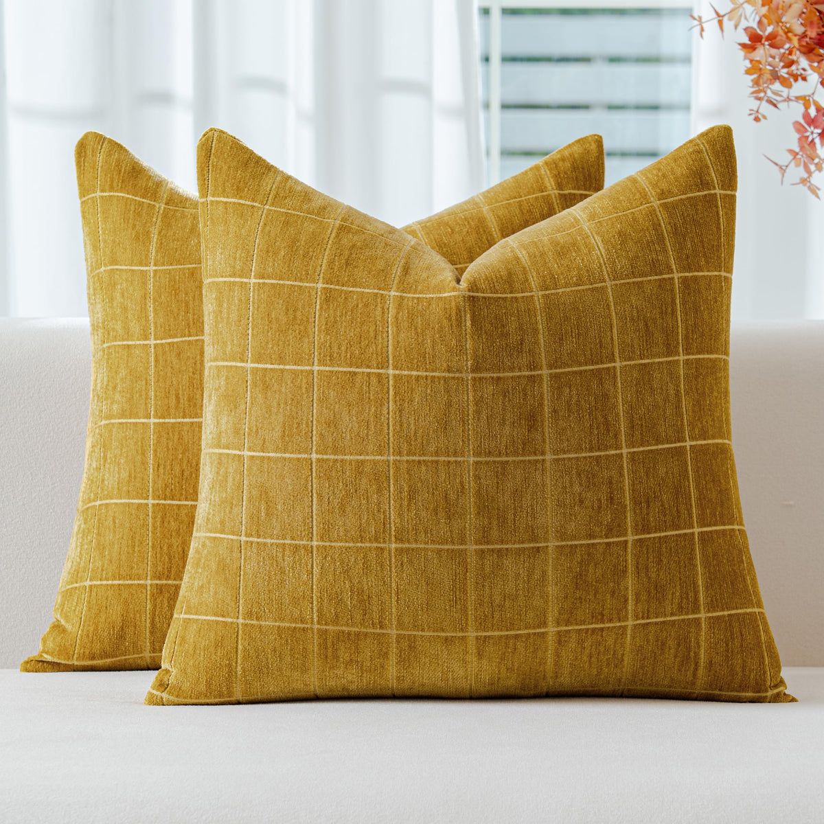 Decorative Chenille Plaid Fall Throw Pillow Covers Camel 18x18 Set of 2