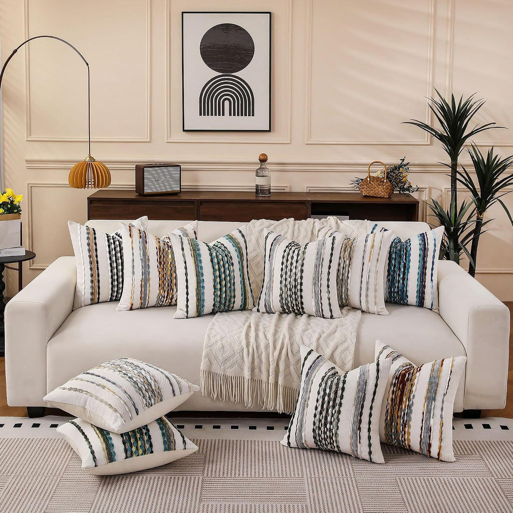 Boho Striped Throw Pillow Covers 18x18 Inch Set of 2 Farmhouse Square Decorative Pillow Covers Chenille Tufted Accent Neutral Pillowcase Grey Blue Cushion Cover for Living Room Couch Sofa Bed