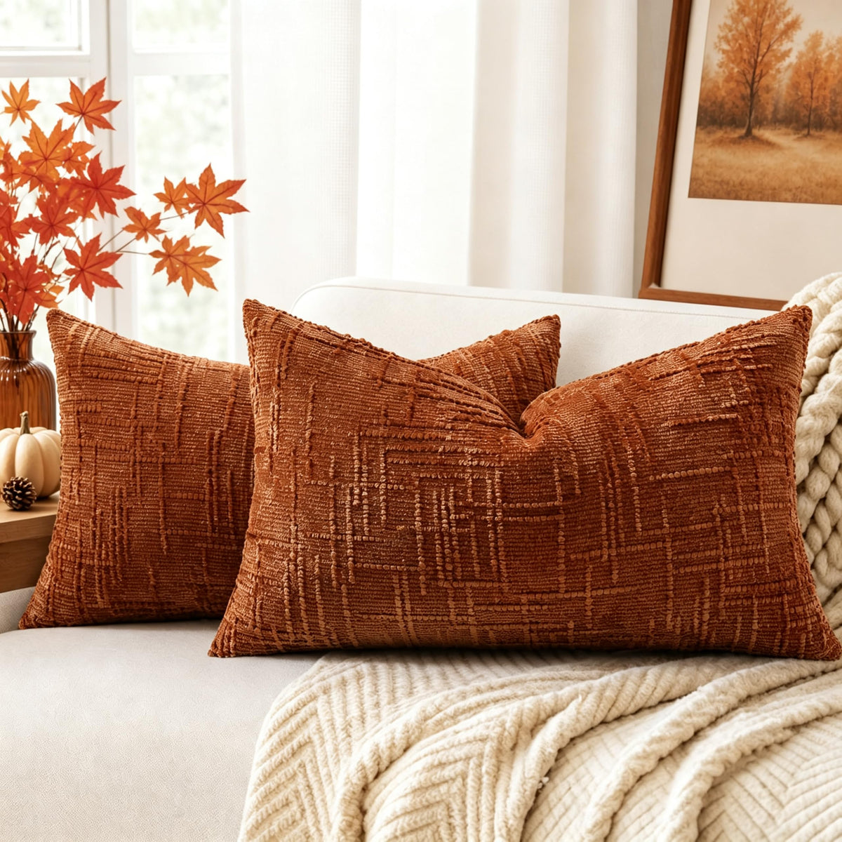 decorUhome Textured Chenille Throw Pillow Covers 18x18 Set of 2 Ivory
