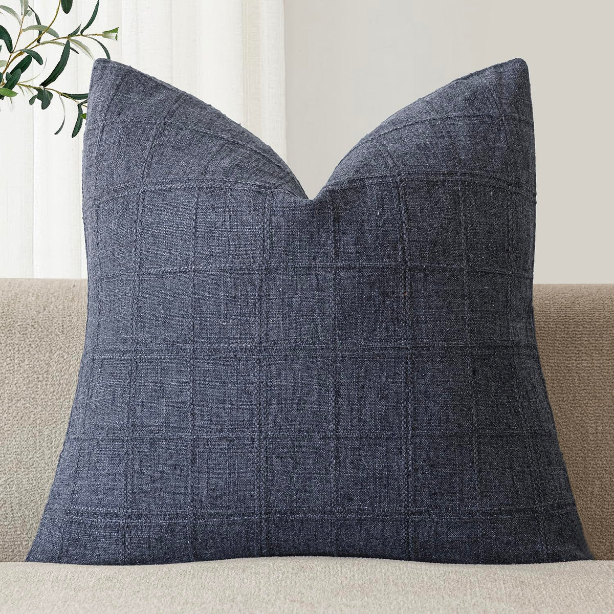 Foindtower Set of 1 Decorative Linen Check Throw Pillow Cover Neutral Farmhouse Lumbar Cushion Cover Modern Boho Home Decor for Sofa Chair Couch Bedroom Living Room,12×20 Inch,Olive Green
