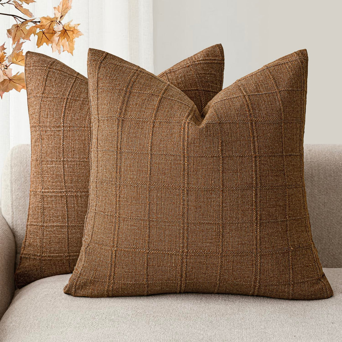 Foindtower Linen Check Decorative Throw Pillow Covers 18×18 Natural Beige