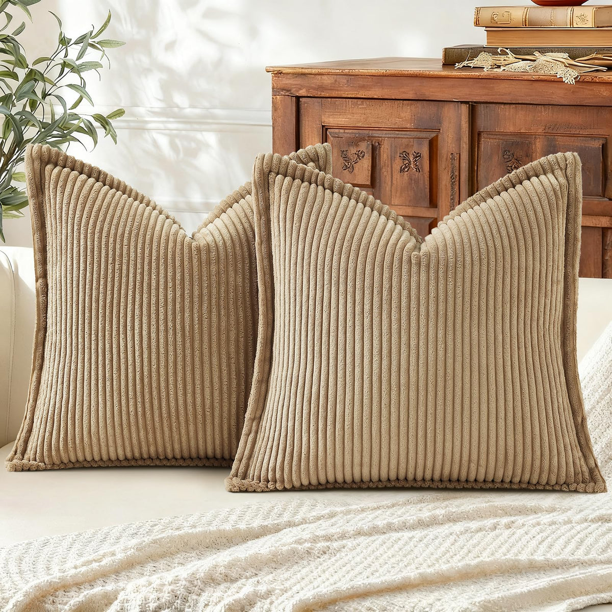 Mecatny Corduroy Fall Throw Pillow Covers 18x18 Set of 2 Cream White