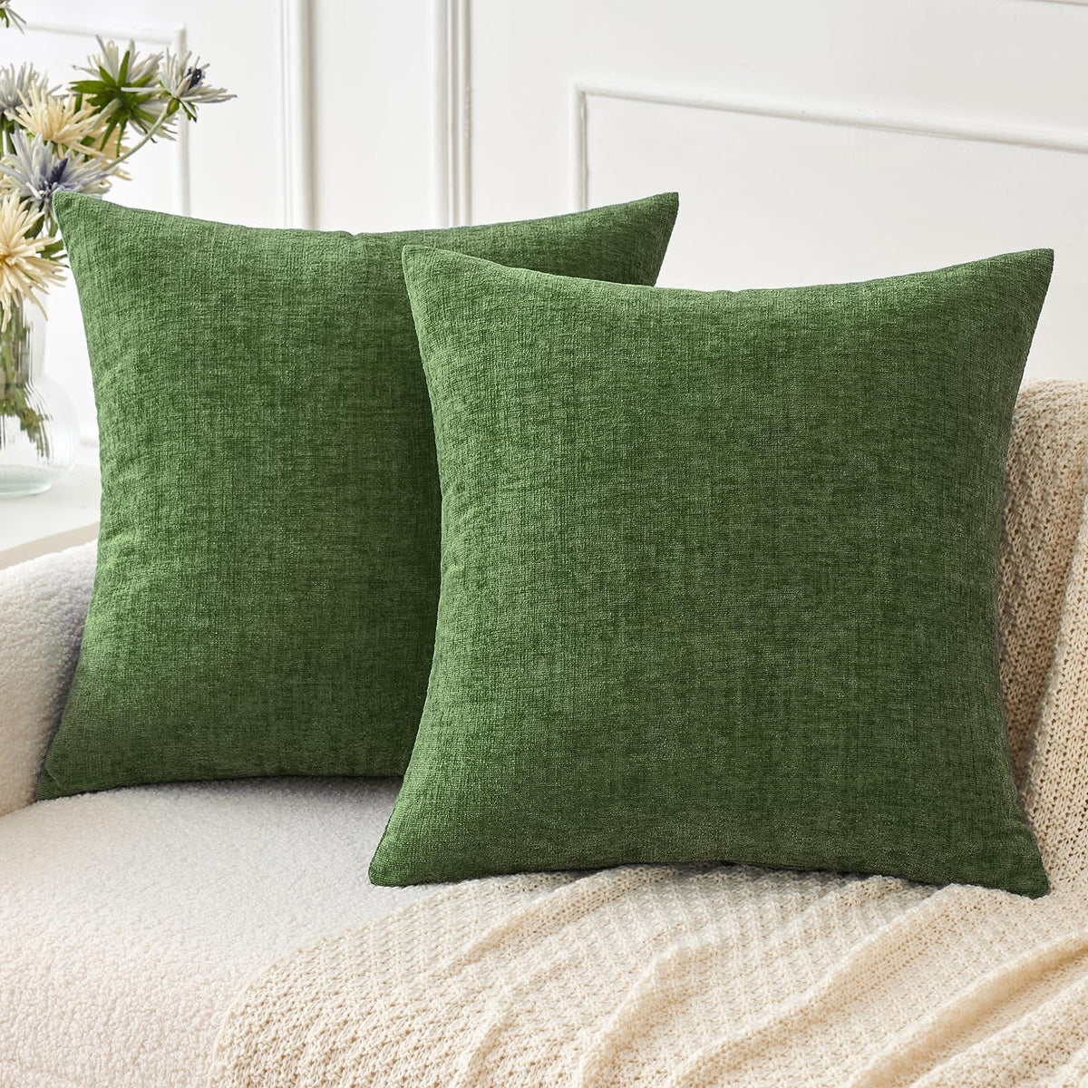 MIULEE Soft Chenille Throw Pillow Covers Green 18x18 Inch Pack of 2