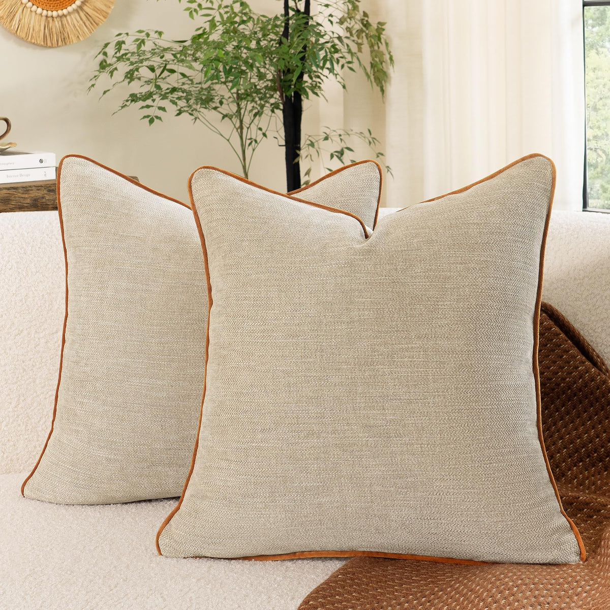 MATTINS Dusty Blue Cotton Throw Pillow Covers 22x22 Set of 2, Solid Decorative Pillow Covers with Chenille Texture and Velvet Back, Neutral Farmhouse Cushion Covers for Sofa Couch Bedroom